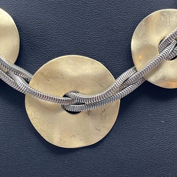 Vintage Modernist Goldtone Hammered Discs On 3 Strand Silvertone Chain Necklace - Picture 3 of 7
